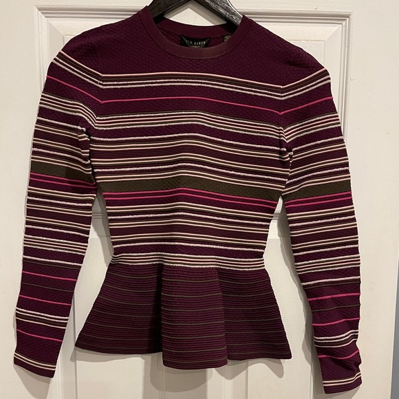 NWT TED BAKER LONDON Leytina Stripe Peplum Sweater In Plum Size 0 = US 0-2 - Picture 2 of 6